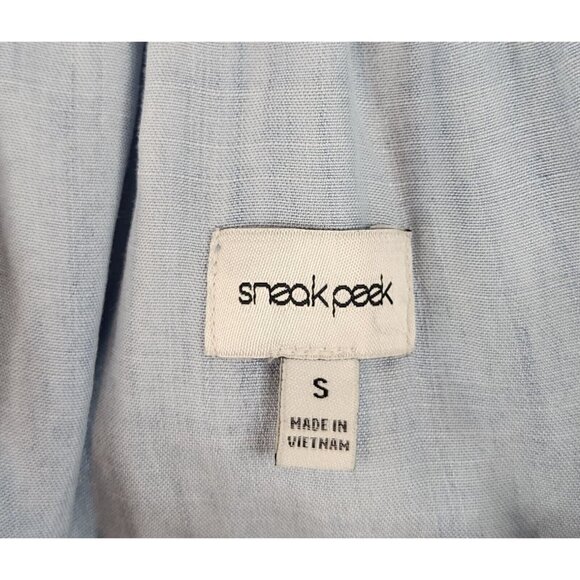 Sneak Peak Dress Womens Small Light Blue Chambray Off the Shoulder Casual Mini - Picture 3 of 11